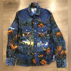 Flannel and Denim Button Down Girls Medium Hunting‎ Deer Elk Mountains (B1)